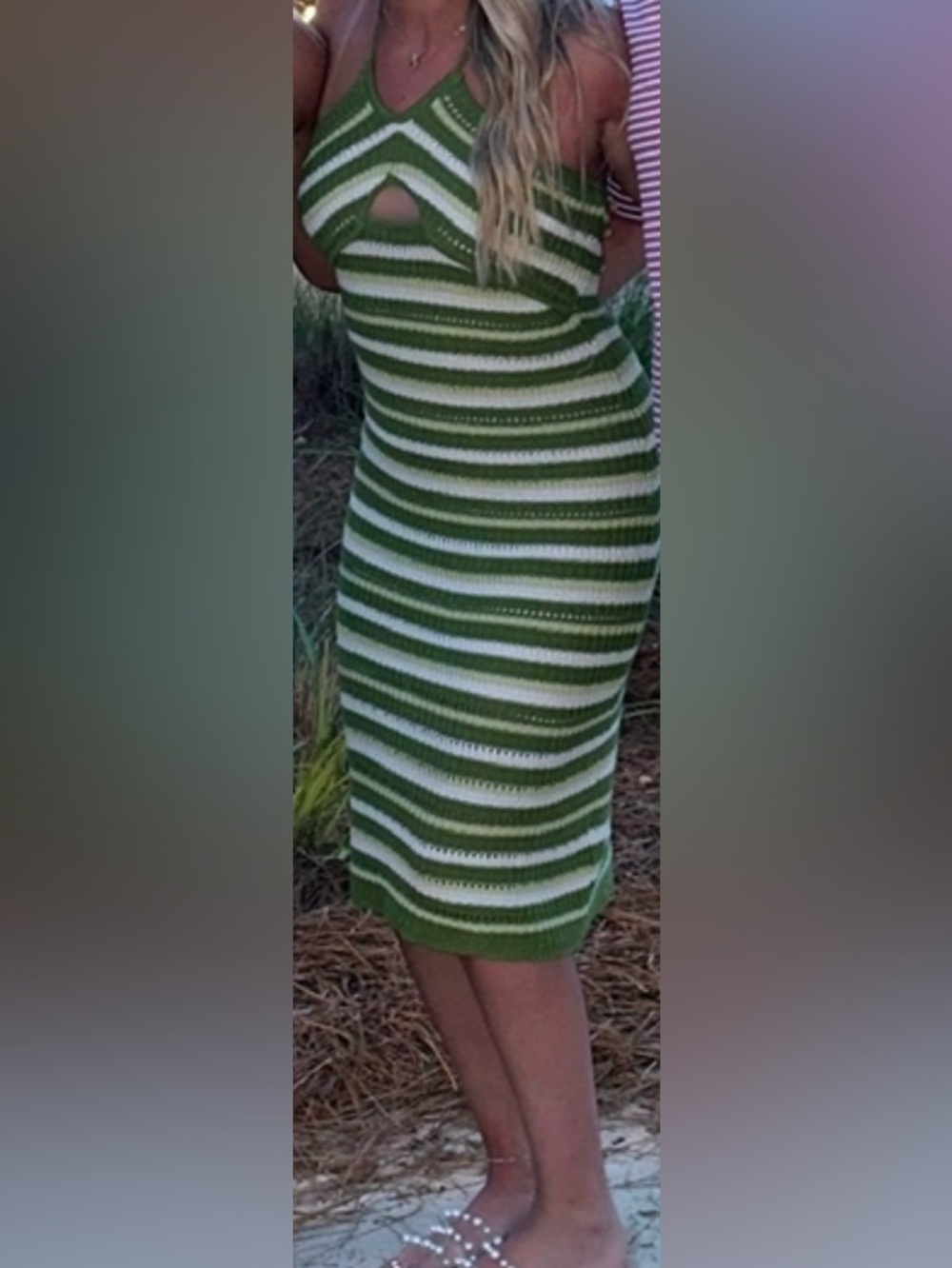Green & White Striped Knit Midi Dress